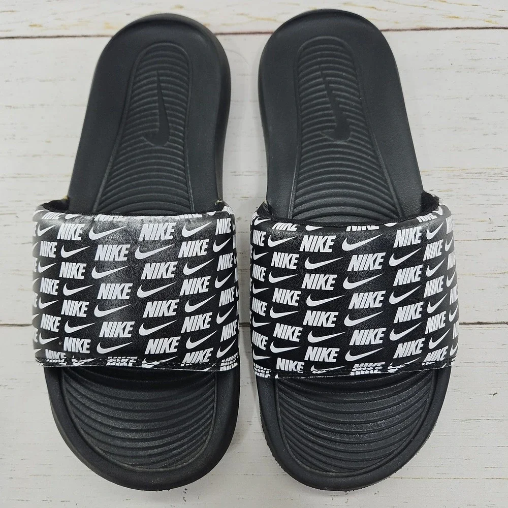 Nike Victori One Print Slides Mens 10 Black White Athletic Sandals CN9678-006